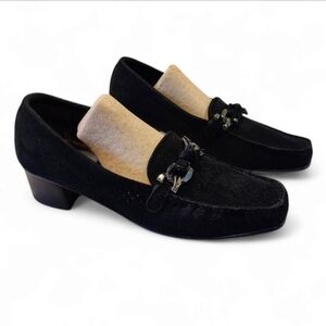 Stuart Weitzman perforated suede leather block heel loafers shoes